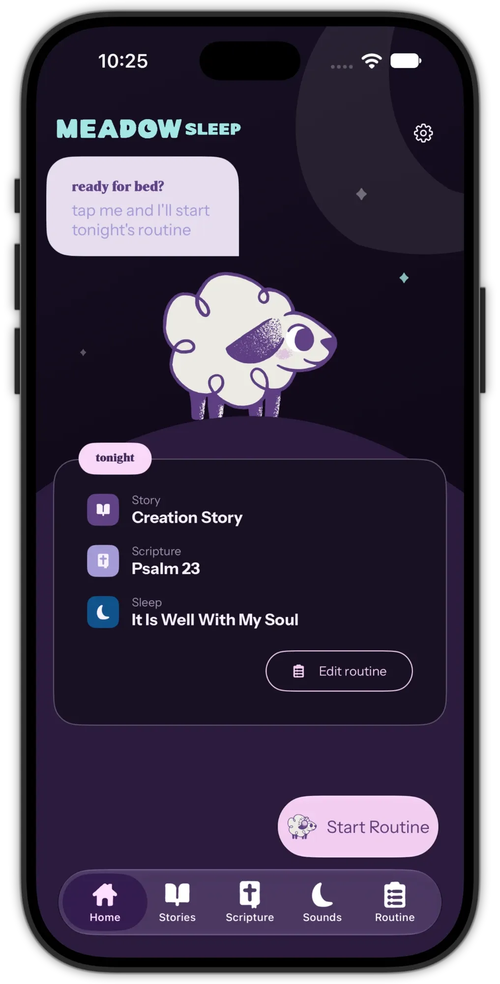 An iPhone showing the Meadow app home screen, with Shep the lamb inviting a tap to start tonight's routine above a card listing its story, scripture, and sleep track.