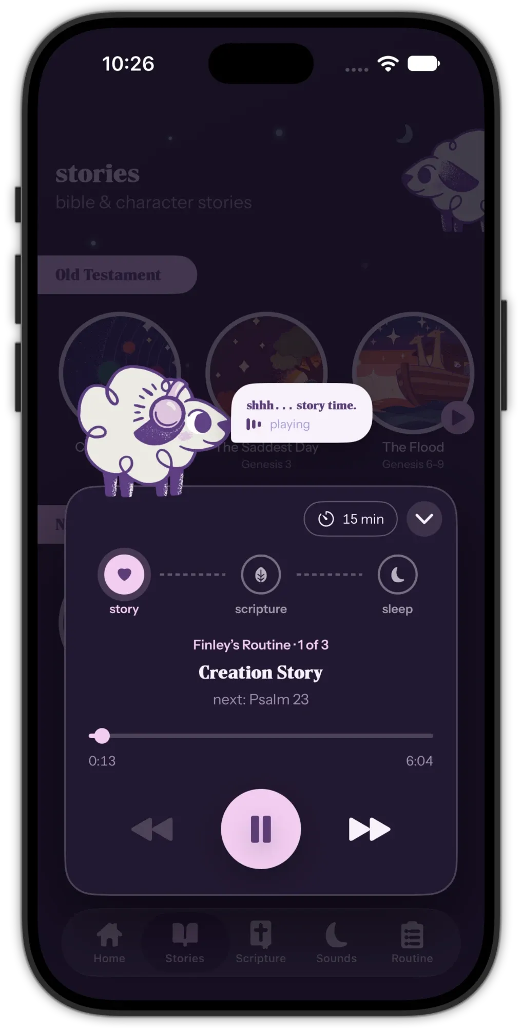 An iPhone showing the Meadow app playing a nightly routine, step 1 of 3, with story, scripture, and sleep stages along the top and Shep the lamb wearing headphones.